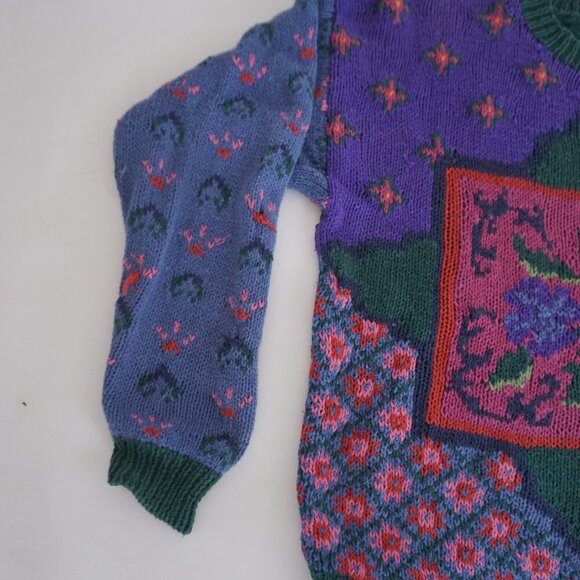 Vintage Woolrich Purple Green Floral Knit Cotton Blend Crewneck Sweater L - Picture 8 of 10